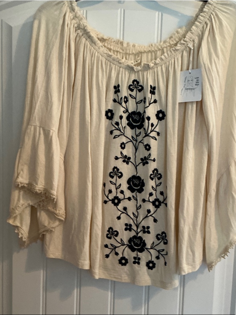 hint of mint Cream Off-Shoulder Blouse with Black Floral Embroidery